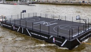 floating NBA basket ball court on River Thames