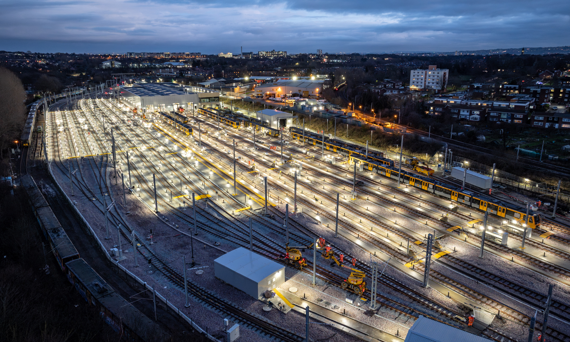 An aerial shot showing a rail depot