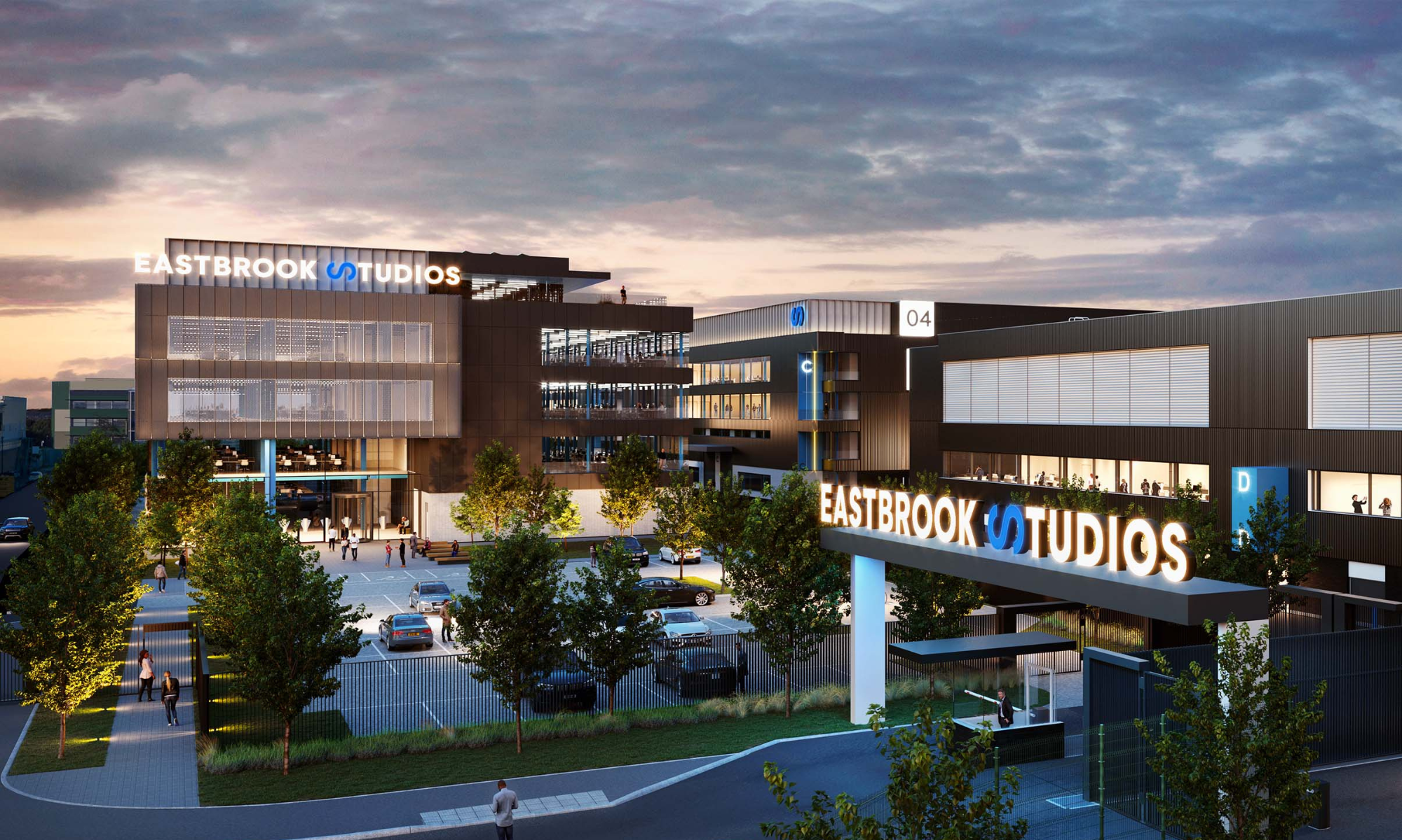 Photo showing a film and TV studio at night