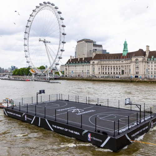 Basketball court made from pontoons on River Thames